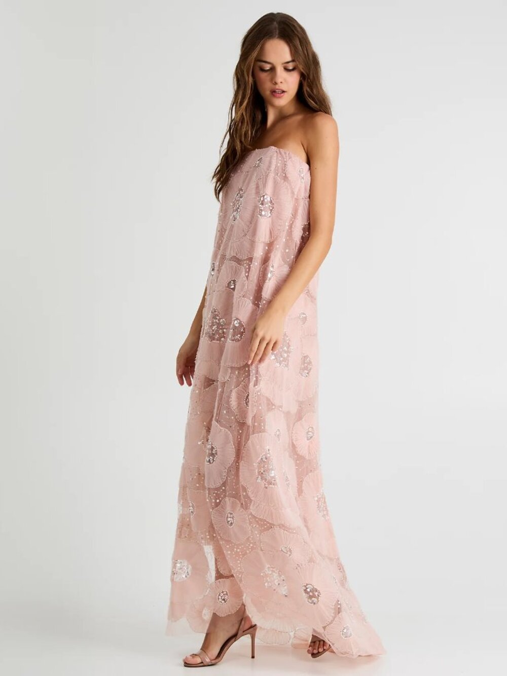 HELSI Margot Bead & Appliqué Strapless Mesh Gown